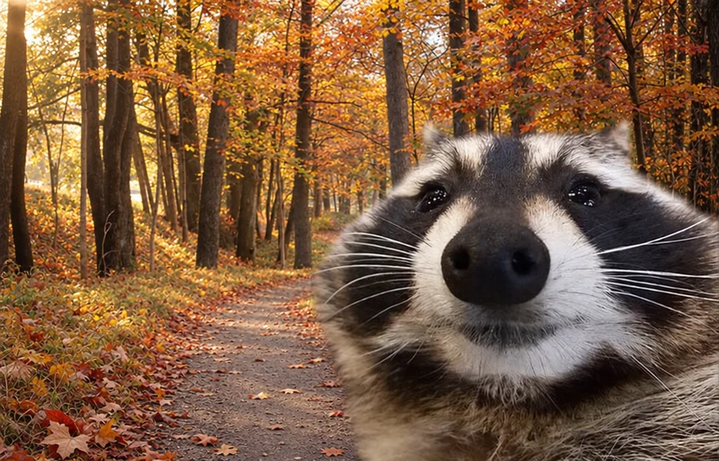 A raccoon leans into the camera on a leaf-covered autumn path