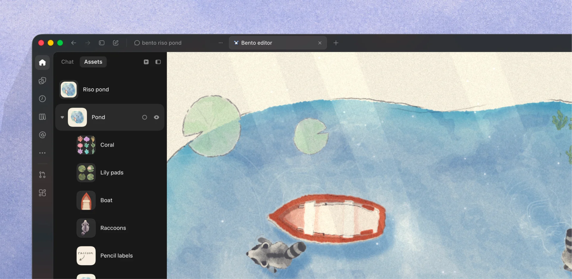 Bento’s asset panel beside the painted raccoon pond