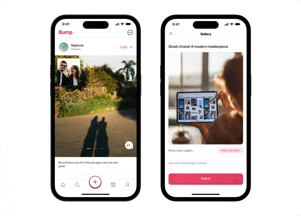 Two phones: a friend’s live photo post on the Bump feed, and the screen for posting a new photo