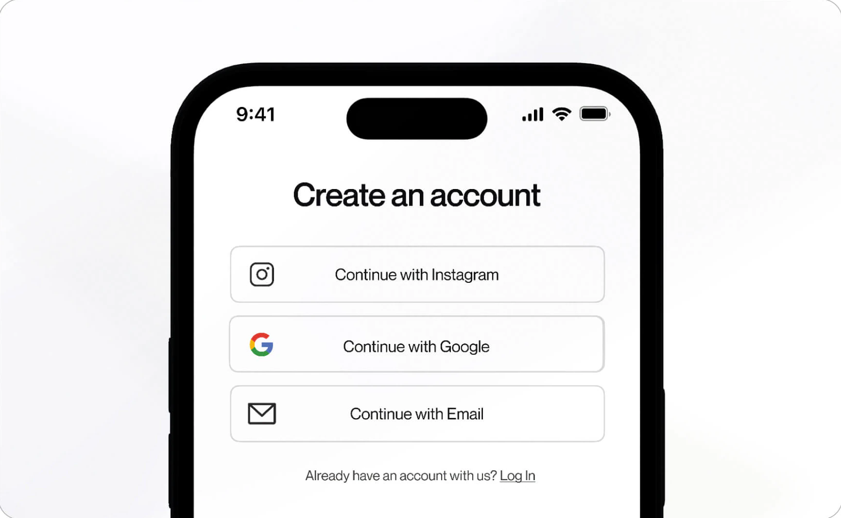 A phone with Create an account: continue with Instagram, Google or email