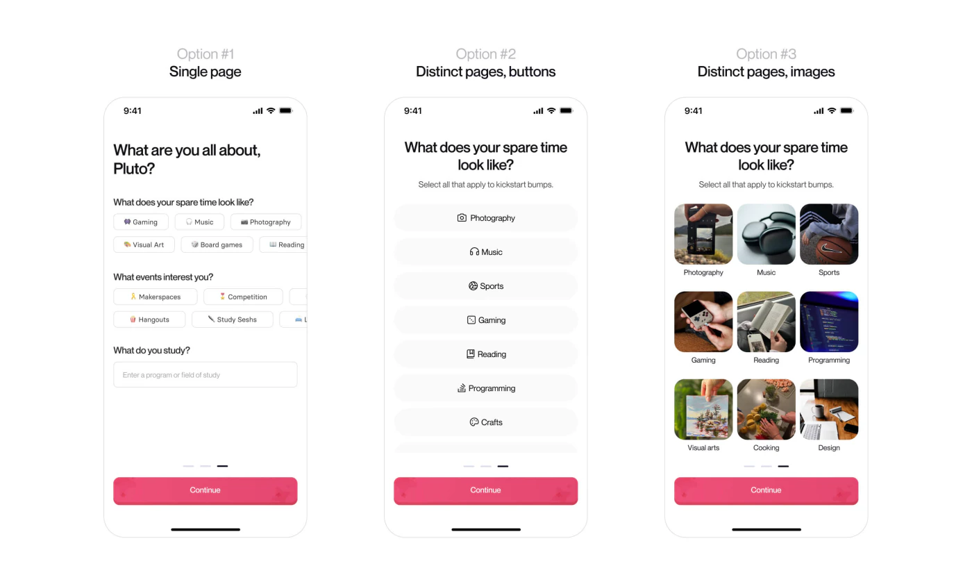 Three onboarding options side by side: a single page of interest chips, distinct pages of buttons, and distinct pages of photos