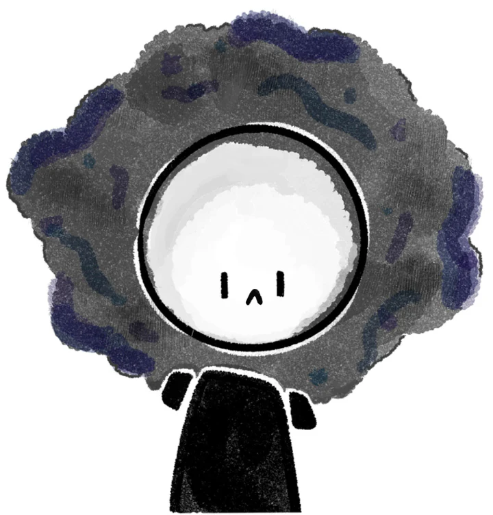 A sad stick figure inside a dark storm cloud