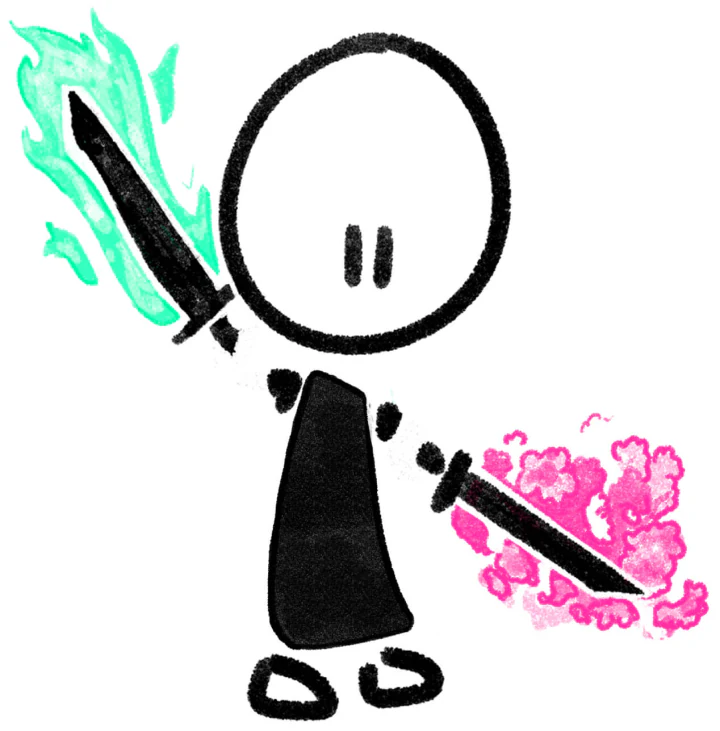 A stick figure holds a sword in each hand, one in green flame and one in a pink cloud