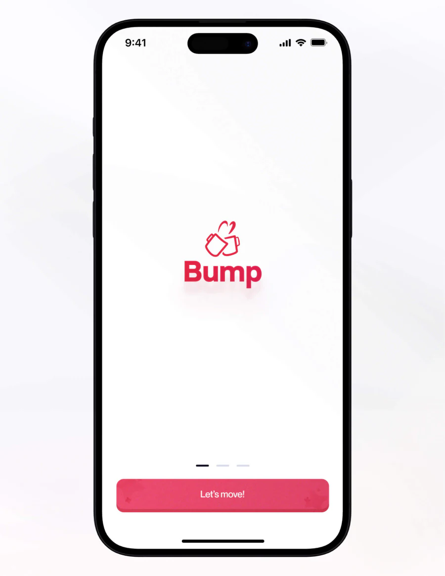 Bump’s welcome screen: two mugs over the Bump wordmark, and a button that says Let’s move!