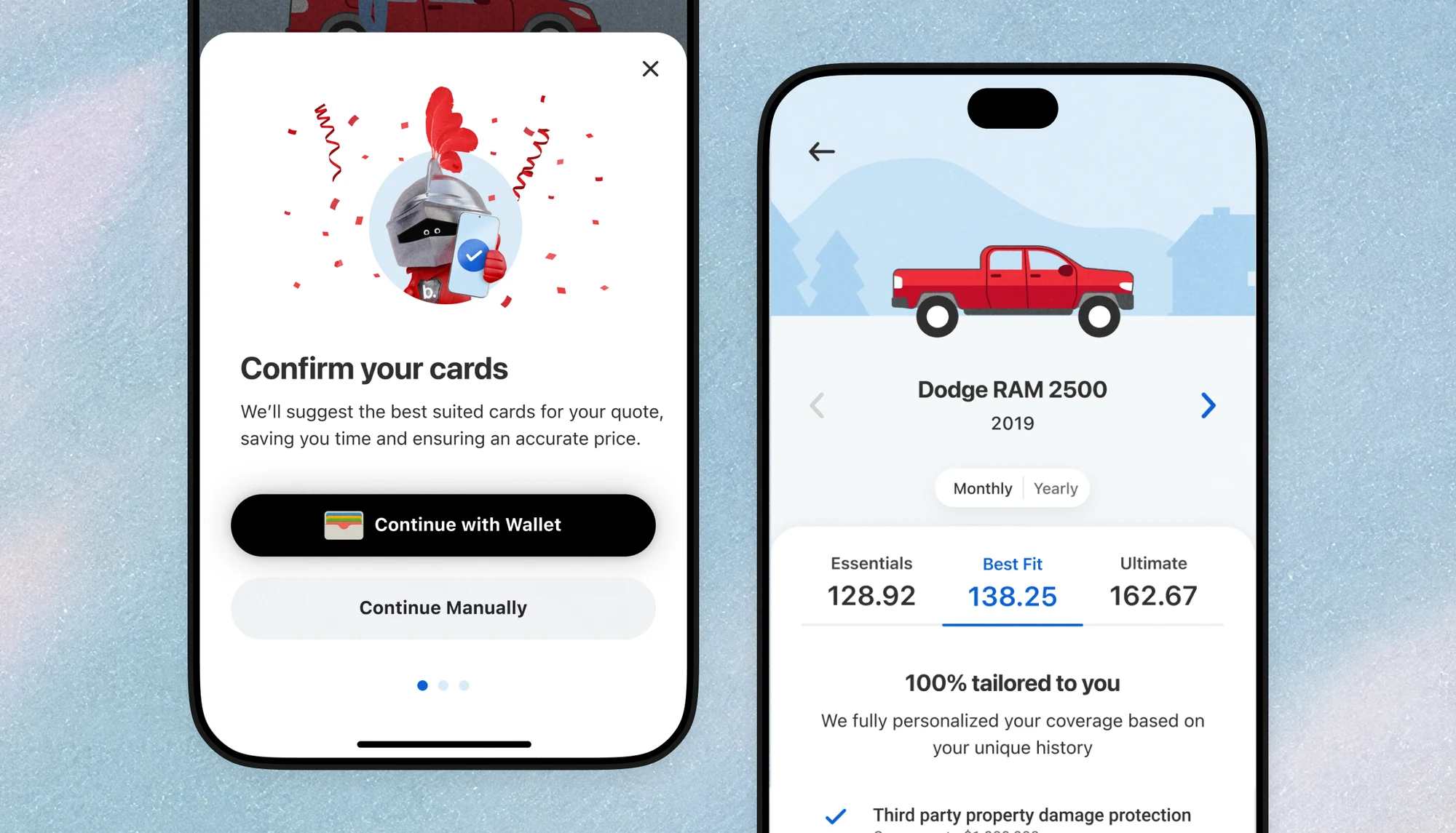Two phones from the reimagined Belairdirect quote on a soft blue wash: a Confirm your cards sheet with the knight mascot and Continue with Wallet, and a tailored offer for a 2019 Dodge RAM 2500, Best Fit at 138.25, with third party property damage protection ticked