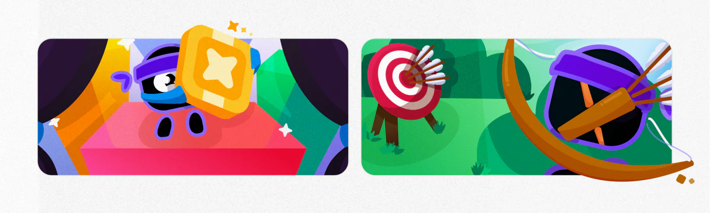 Two illustrations of the ninja mascot: holding up a gold star on a stage, and drawing a bow at a target