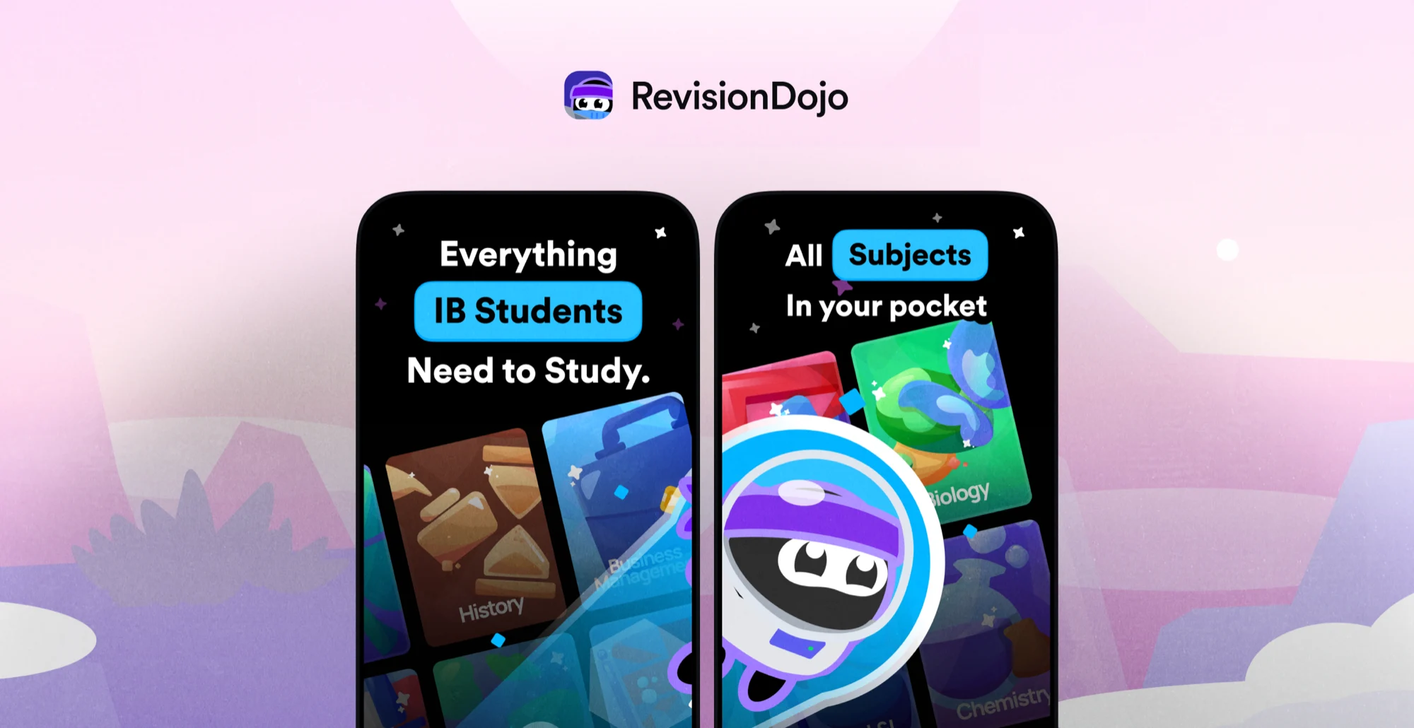 RevisionDojo banner: two phones on a pink and purple wash, one saying Everything IB Students Need to Study over subject cards, the other All Subjects In your pocket with the ninja mascot