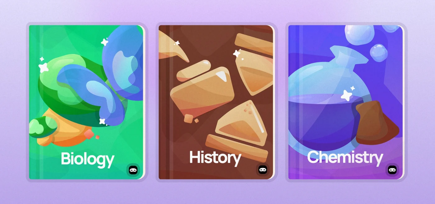 Three of RevisionDojo’s subject covers, Biology, History and Chemistry, on a purple wash