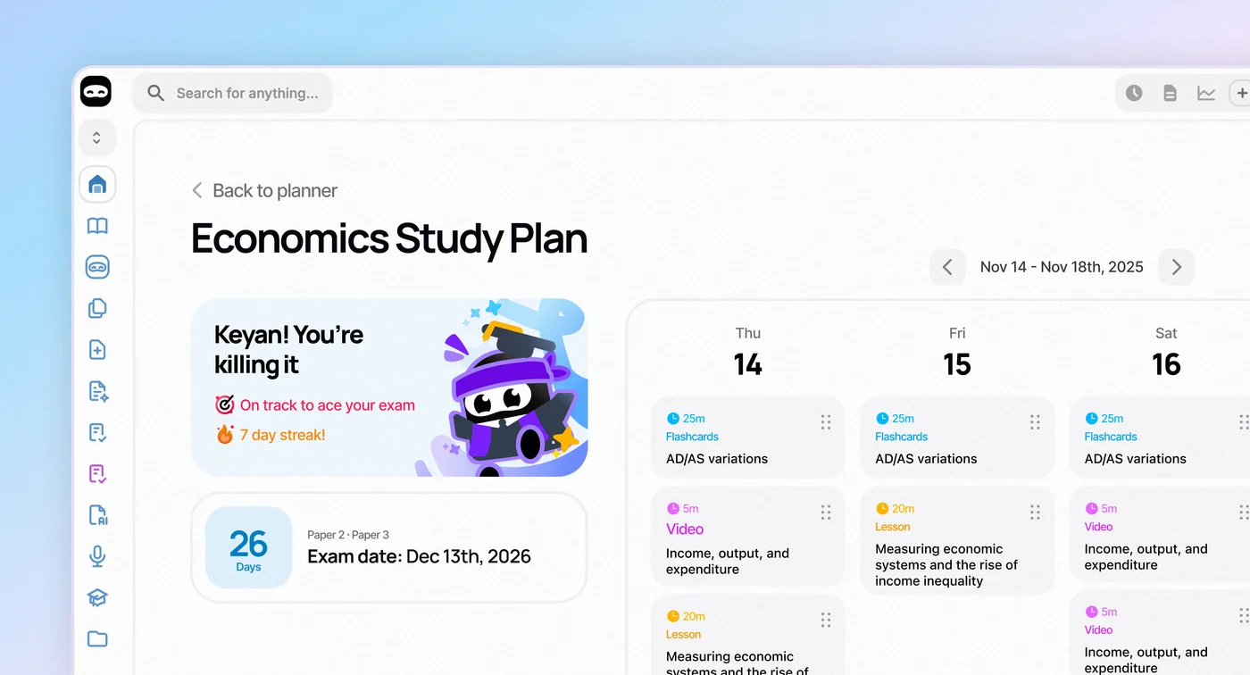 RevisionDojo’s Economics Study Plan: a note that says Keyan! You’re killing it, on track to ace your exam with a 7 day streak, 26 days to the exam, and a week of flashcards, videos and lessons, on a soft blue wash