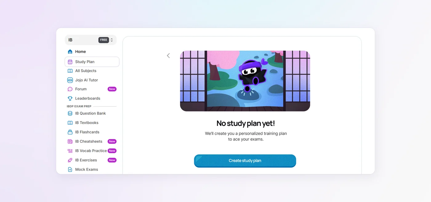 RevisionDojo’s empty study plan: No study plan yet, the ninja mascot at a window, and a Create study plan button