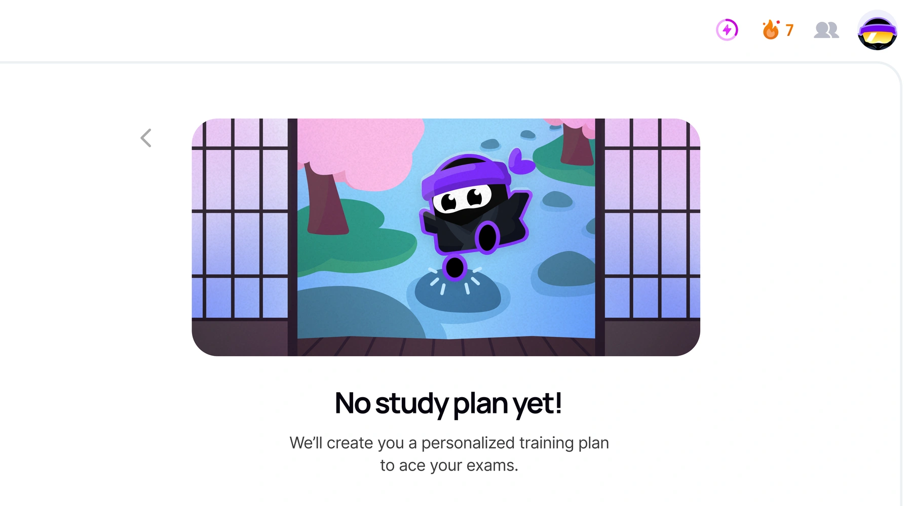 No study plan yet on the web: the ninja mascot hops across stepping stones under cherry blossoms, beside the edge of the app's sidebar