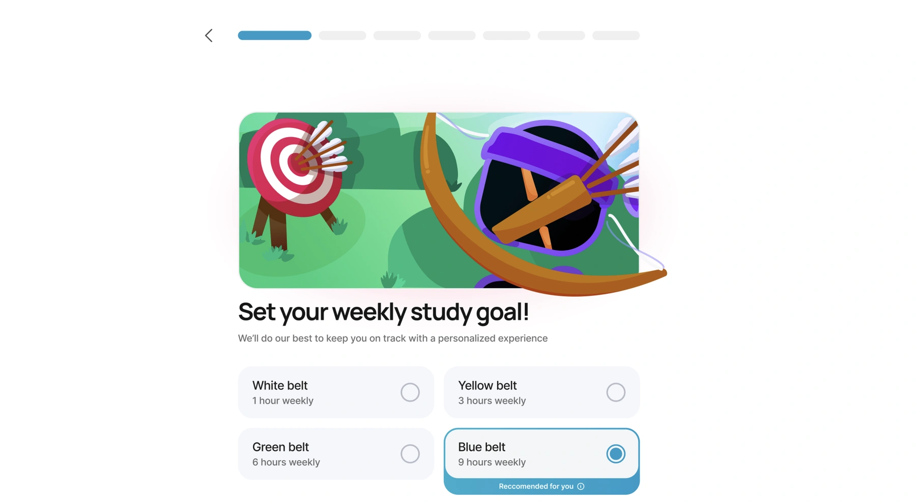 Set your weekly study goal: six belts from white to black, the blue belt at 9 hours weekly recommended, Continue and Skip