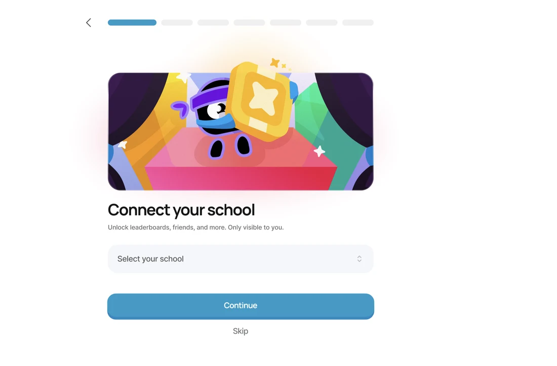 Connect your school: the ninja mascot on a stage, a school picker, Continue and Skip