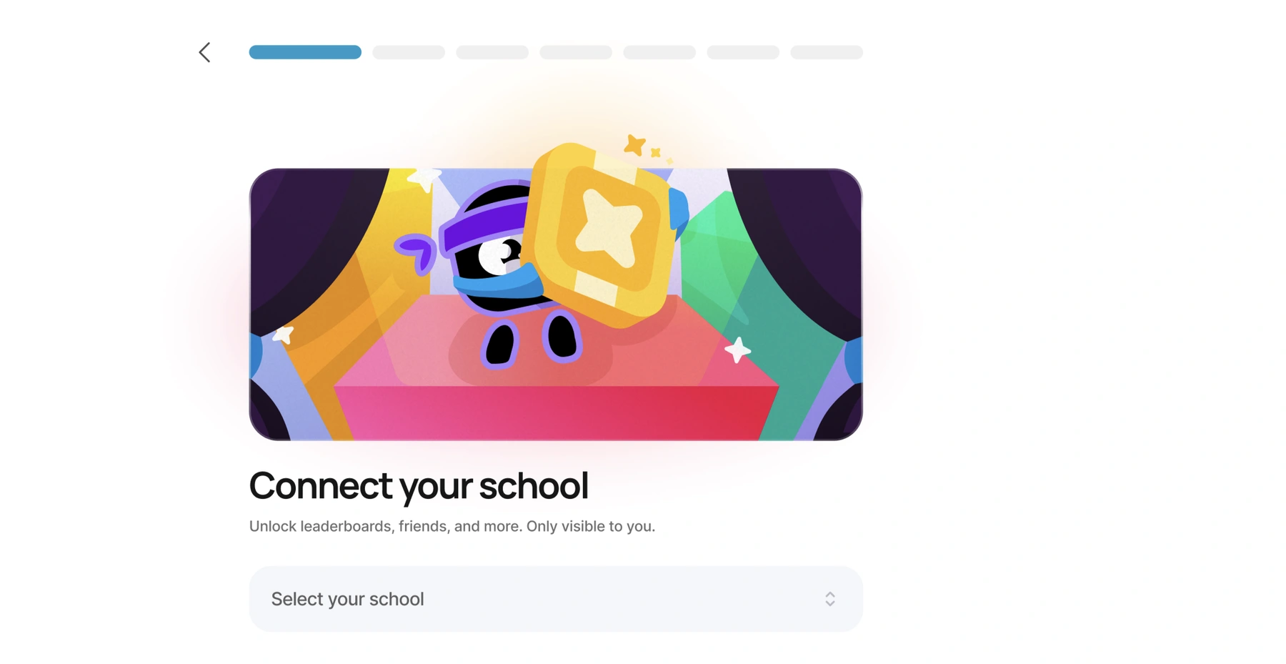 Connect your school: the ninja mascot on a stage, a school picker, Continue and Skip