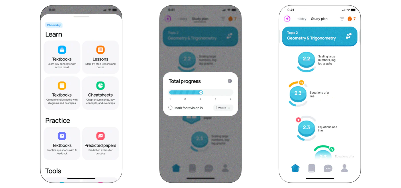 Three phone screens from RevisionDojo: the Learn and Practice tools, a progress sheet, and a study plan of topics