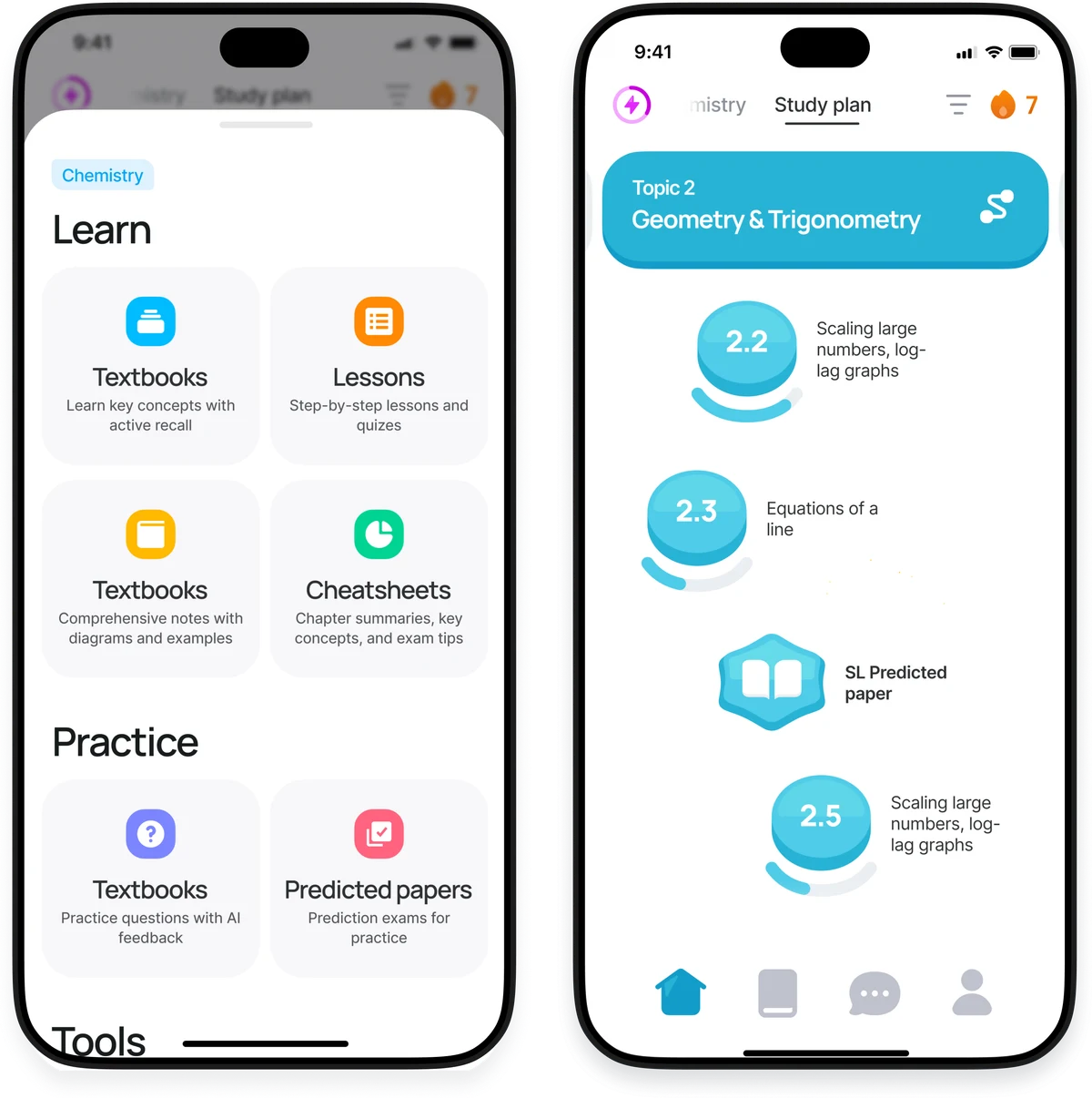 Two phones: the Learn sheet for chemistry with textbooks, lessons, cheatsheets and predicted papers, and the study plan for Geometry and Trigonometry with lessons as round blue steps