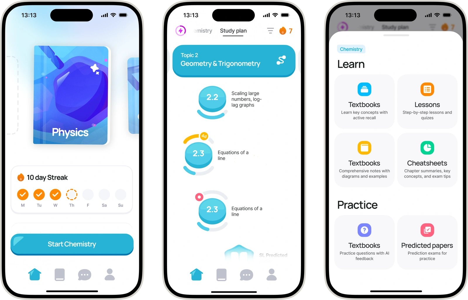 Three phones: the home screen with the Physics cover, a 10 day streak and Start Chemistry; the study plan for Geometry and Trigonometry; and the Learn sheet for chemistry