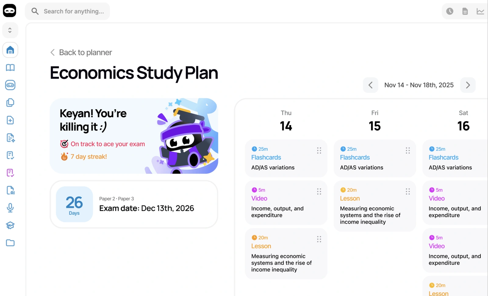 The Economics study plan on the web: a cheer from the ninja mascot, 26 days to the exam, and three days of flashcards, videos and lessons running off the edge