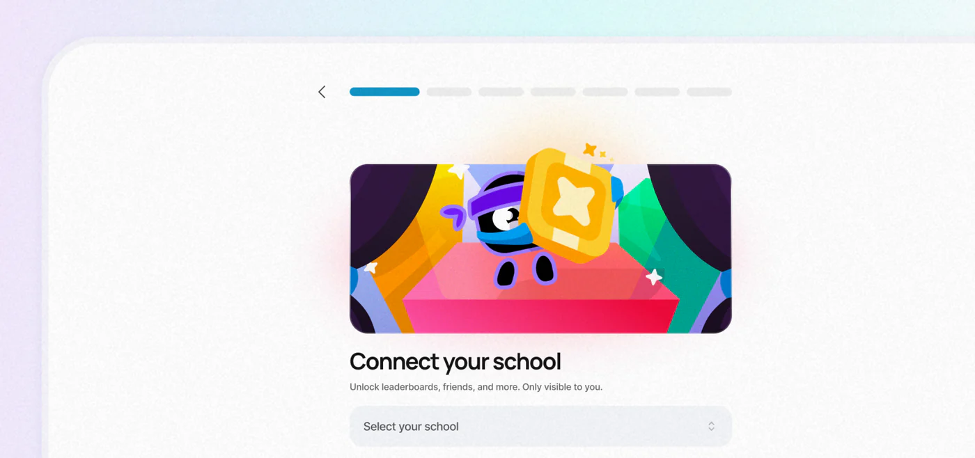 RevisionDojo’s onboarding step Connect your school: the ninja mascot on a stage, and a school picker
