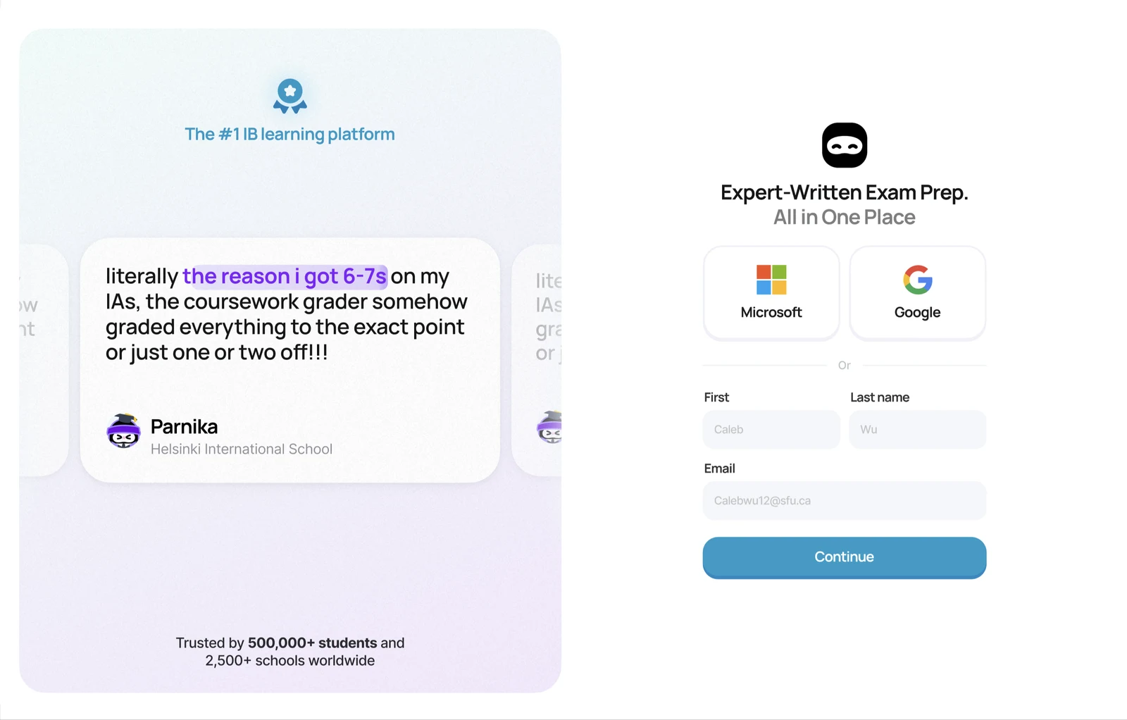 The sign up page: a student quote about the coursework grader on the left, and Microsoft, Google or email sign up under the ninja logo on the right