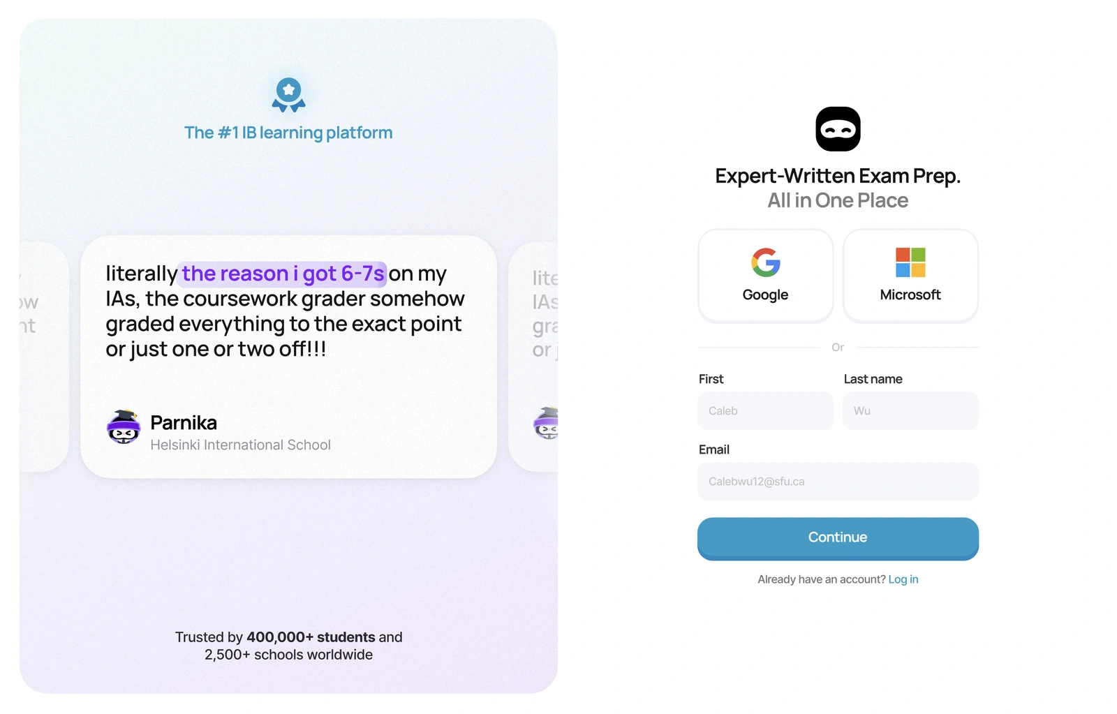 The sign up page: a student quote about the coursework grader on the left, and Google, Microsoft or email sign up under the ninja logo on the right, with Log in for those with an account