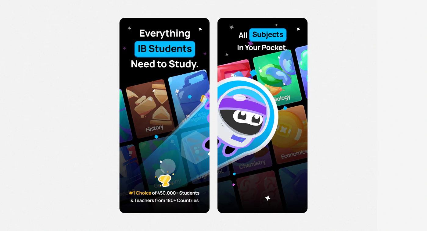 RevisionDojo’s App Store screens: Everything IB Students Need to Study, and All Subjects In Your Pocket, with the ninja mascot over subject cards