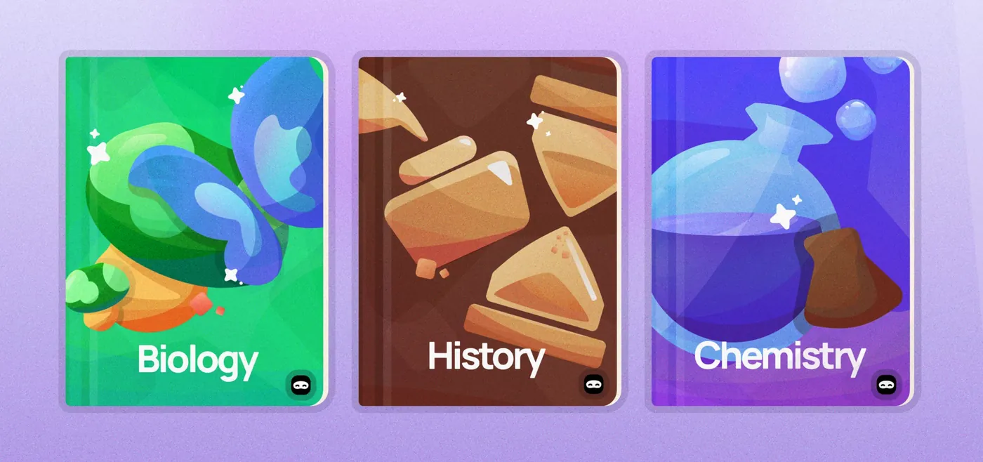 Three of RevisionDojo’s subject covers, Biology, History and Chemistry, on a purple wash