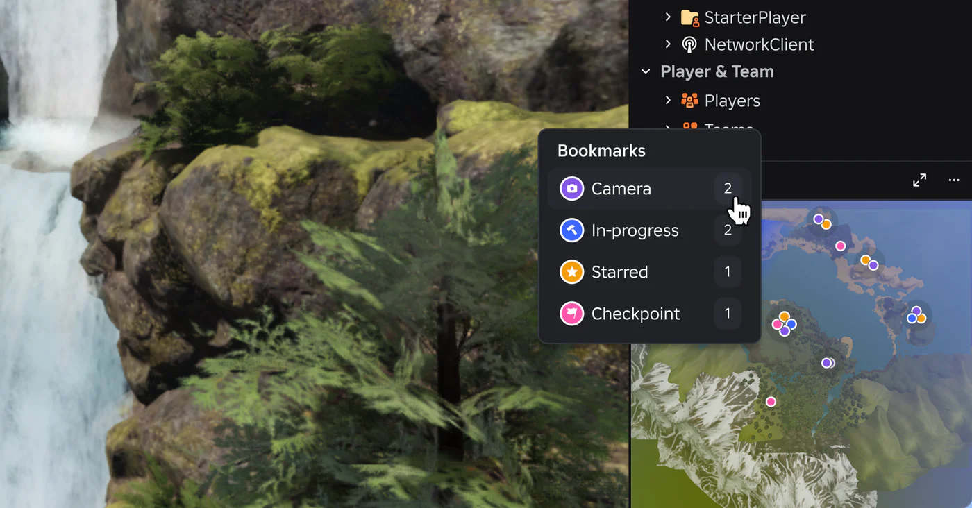 The minimap’s Bookmarks menu over a mossy waterfall: Camera 2, In-progress 2, Starred 1, Checkpoint 1, and coloured pins across the map