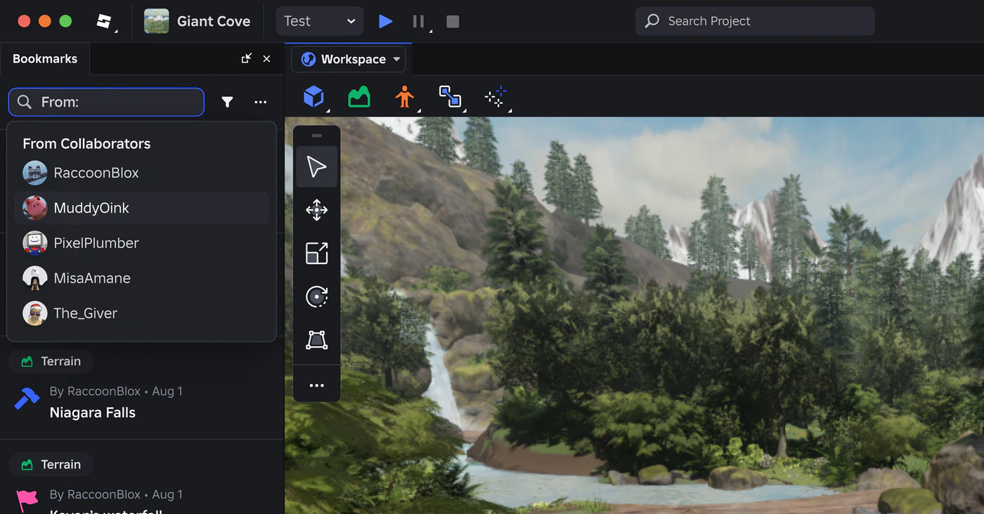 The final design in Roblox Studio, Giant Cove: the Bookmarks search filters From, listing collaborators RaccoonBlox, MuddyOink, PixelPlumber, MisaAmane and The_Giver, over the bookmarks Niagara Falls and Keyan’s waterfall