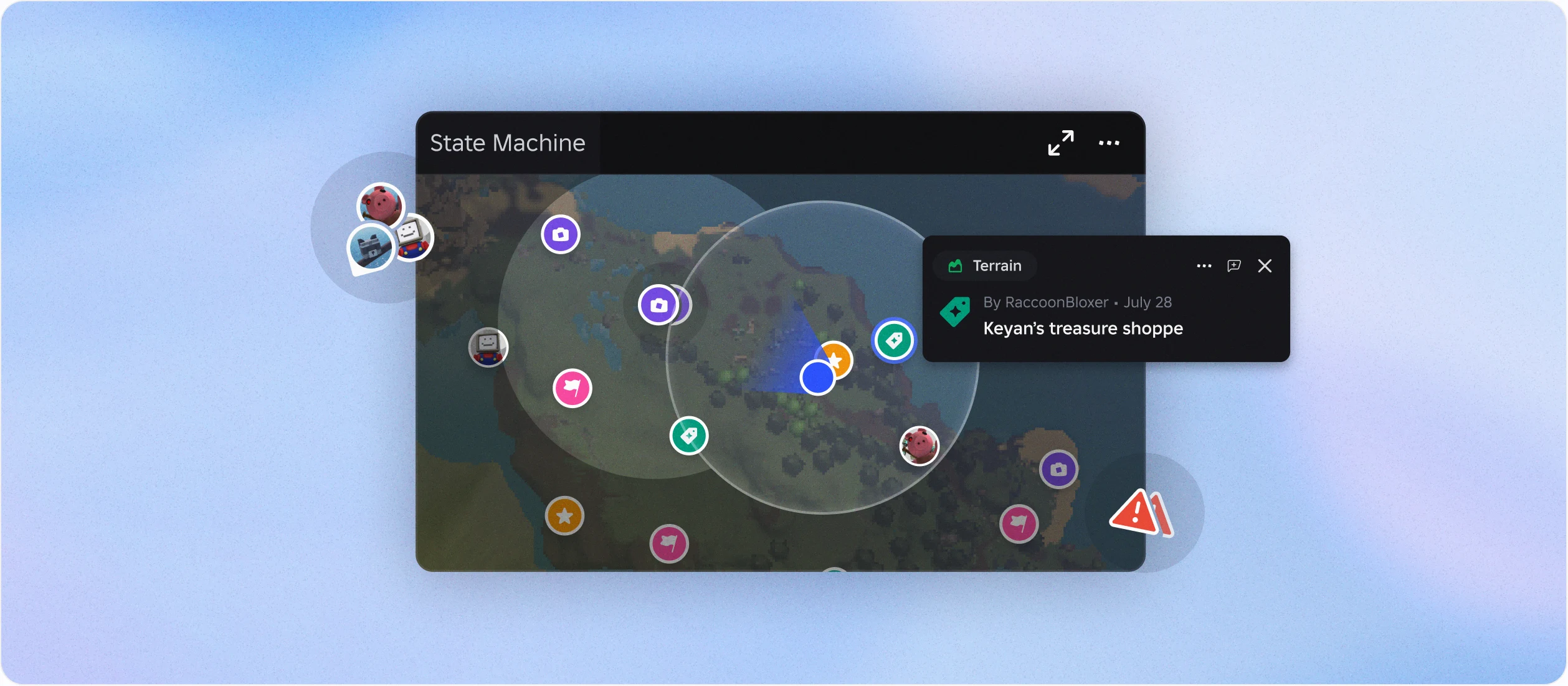 The Roblox Studio minimap: map pins, a terrain bookmark and a triangle count warning, on a soft blue wash