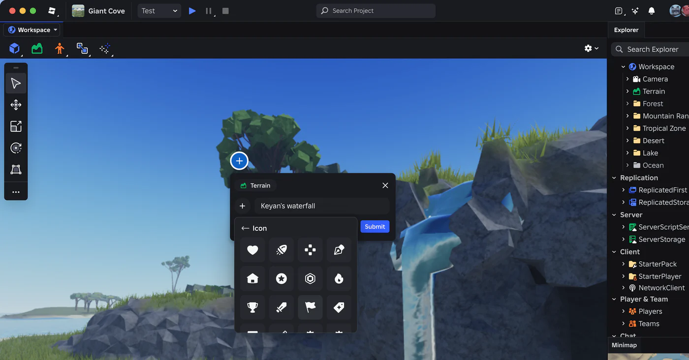 Roblox Studio in Giant Cove: a new terrain bookmark called Keyan’s waterfall, picking its icon from a grid
