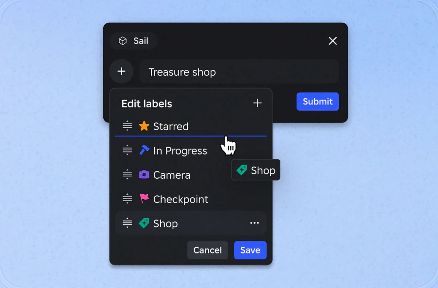 A bookmark called Treasure shop with its Edit labels menu open: Starred, In Progress, Camera, Checkpoint and Shop