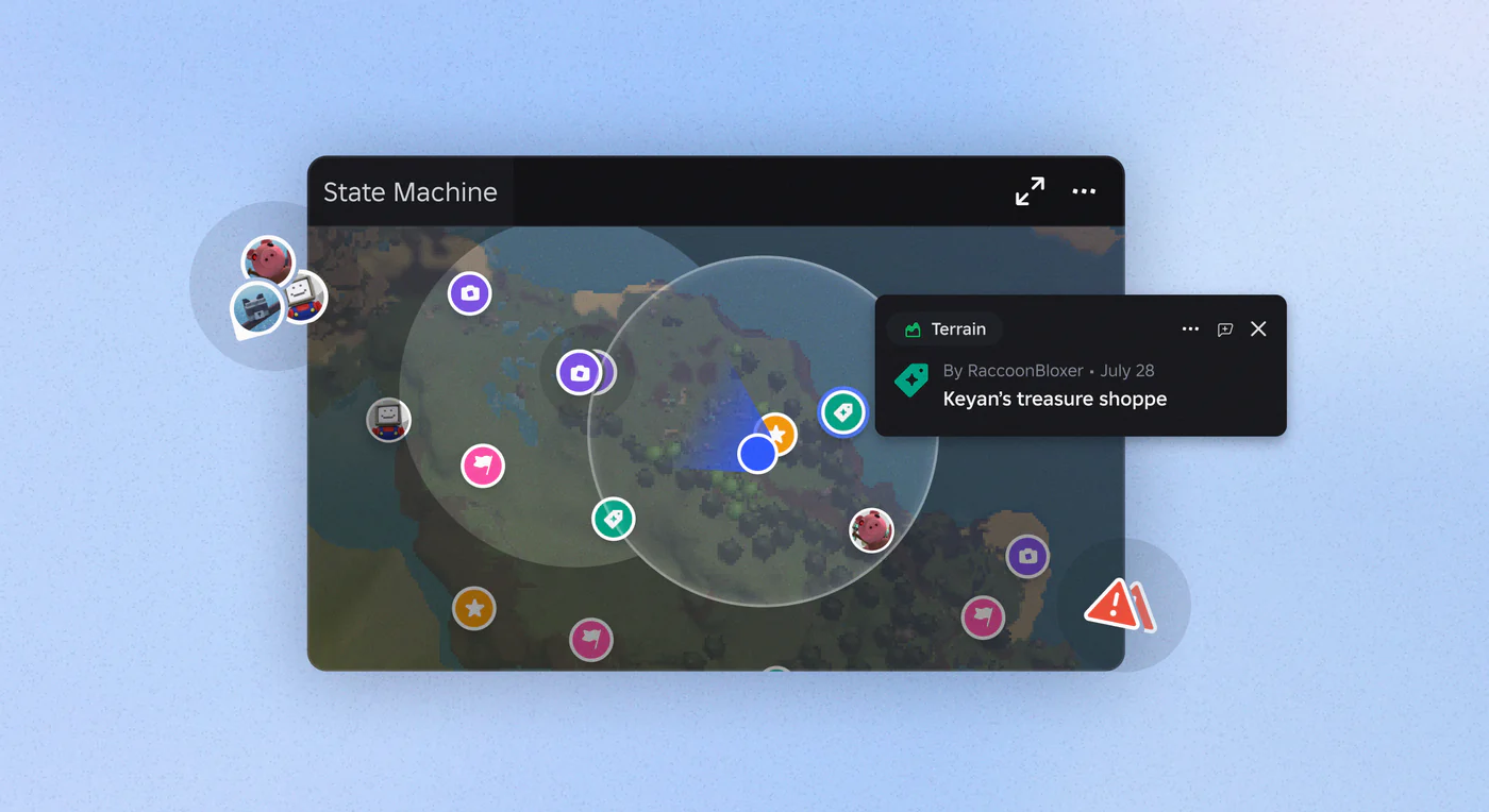 The Roblox Studio minimap: map pins and a cluster of collaborators in a field of view, a terrain bookmark called Keyan’s treasure shoppe, and a warning badge