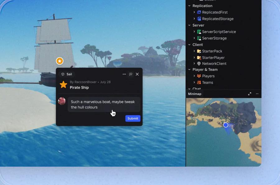 A Pirate Ship bookmark in a Roblox world with a comment, Such a marvelous boat, maybe tweak the hull colours, beside the Explorer and the minimap