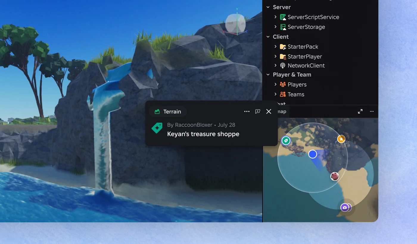 Roblox Studio on a soft blue wash, close in: a waterfall over grey cliffs in the viewport, the foot of the Explorer panel, a terrain bookmark called Keyan’s treasure shoppe, and the minimap with its pins