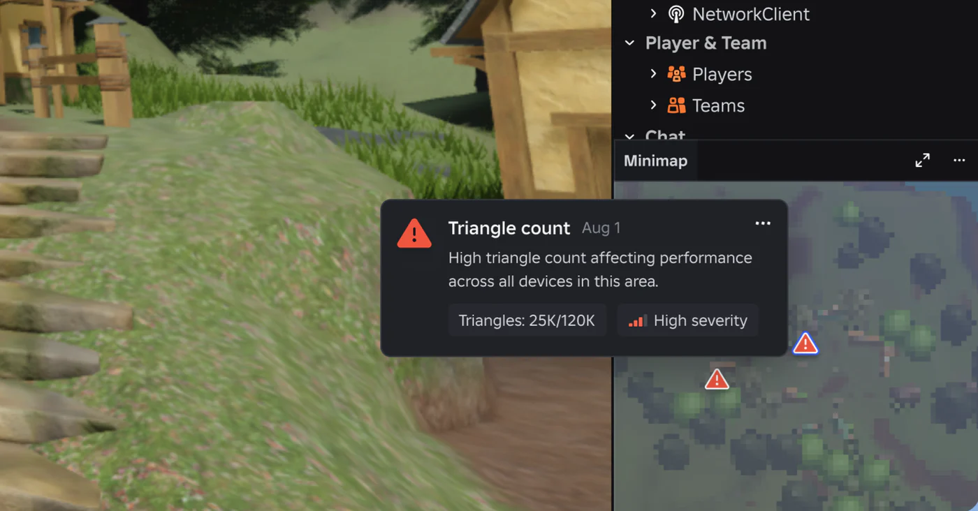 A Triangle count note from Aug 1 over the minimap: High triangle count affecting performance across all devices in this area, Triangles 25K of 120K, High severity, with warning pins on the map