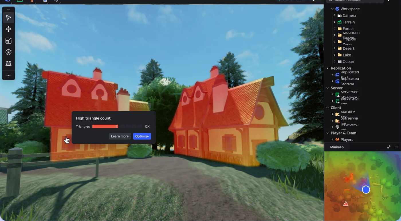Roblox Studio with red tinted houses and a High triangle count warning, 12K triangles, with Learn more and Optimize, and the minimap shaded by triangle count