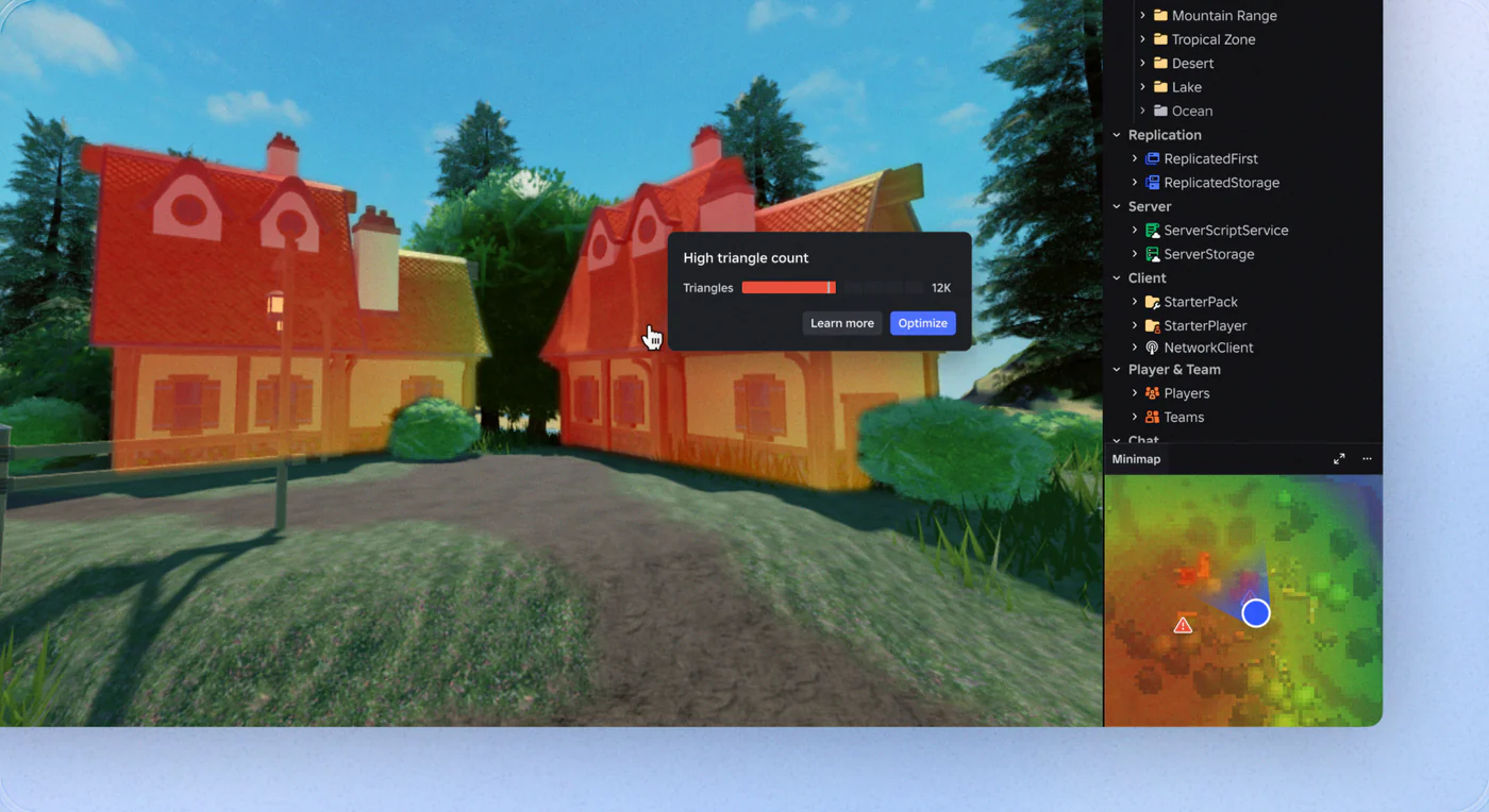 A High triangle count warning over red tinted houses, with Learn more and Optimize, and the minimap shaded by triangle count