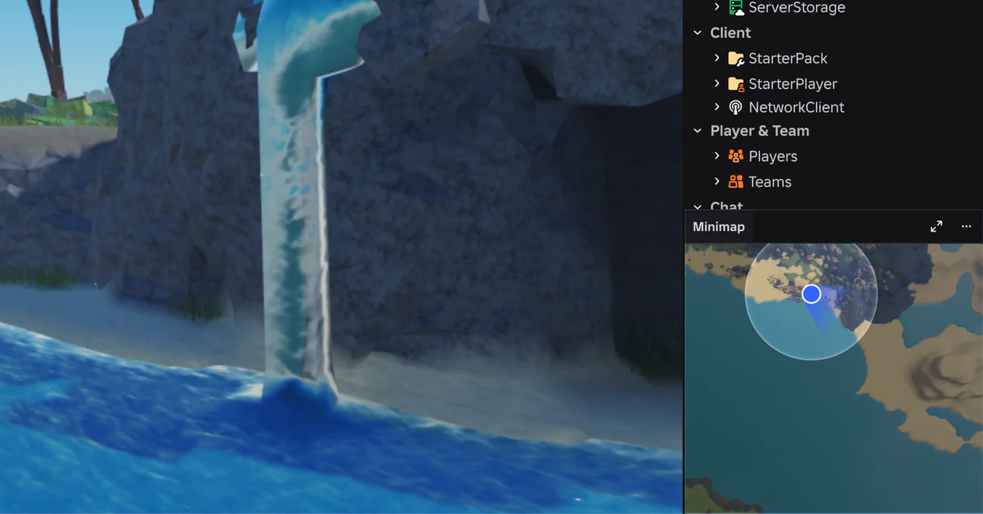 A waterfall over grey cliffs in Roblox Studio, beside the Explorer and the minimap, where a blue dot and its cone mark the camera