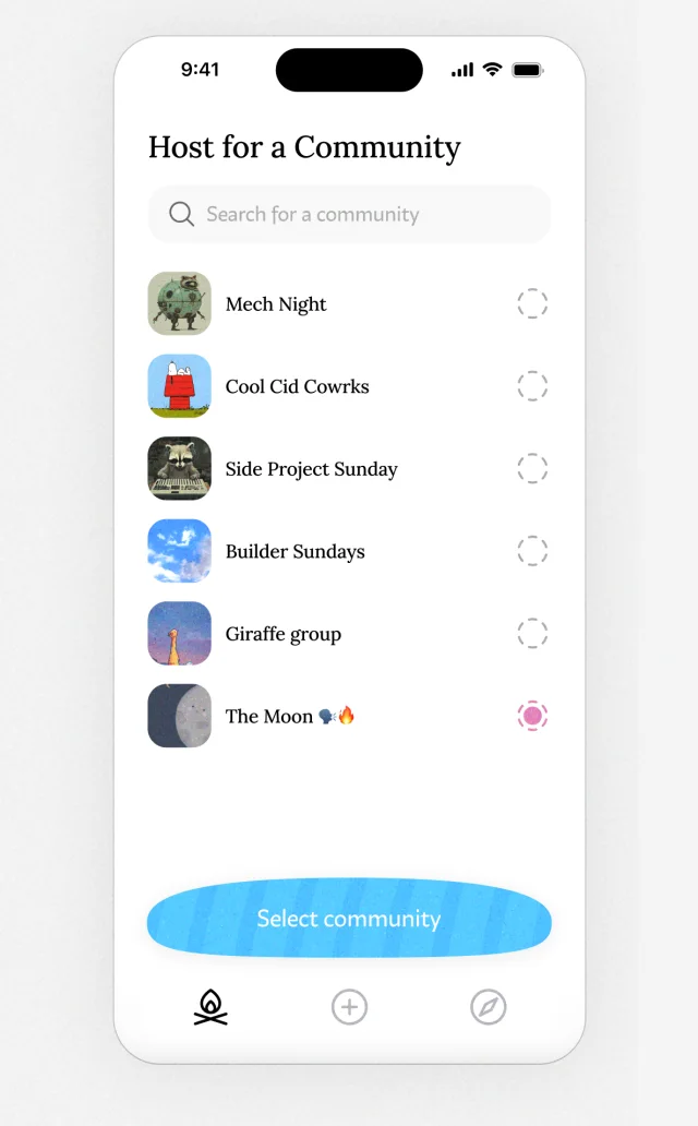 A phone screen, Host for a Community: a search field and a list of communities, Mech Night, Cool Cid Cowrks, Side Project Sunday, Builder Sundays, Giraffe group and The Moon, with The Moon picked