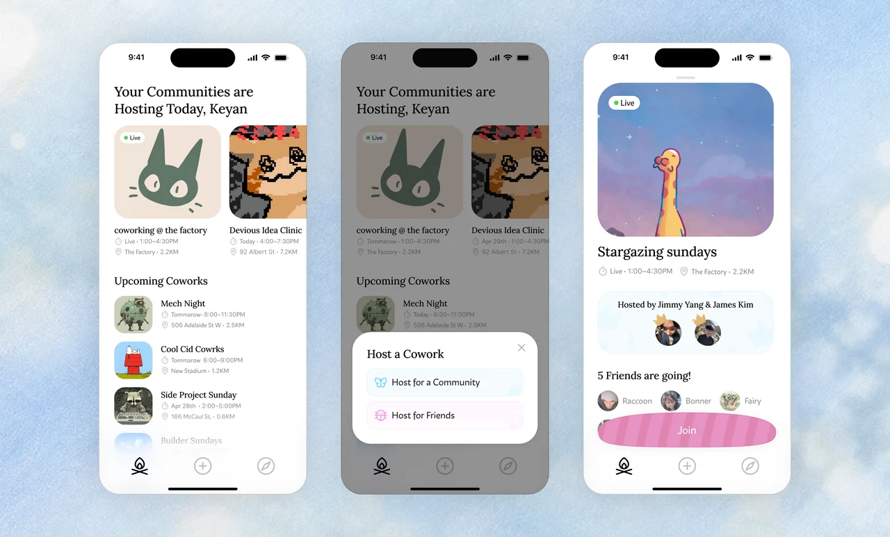 Three phone screens of a coworking app on a pale blue sky: Your Communities are Hosting Today, Keyan, with live and upcoming coworks; a Host a Cowork sheet; and Stargazing sundays, its hosts and the five friends going