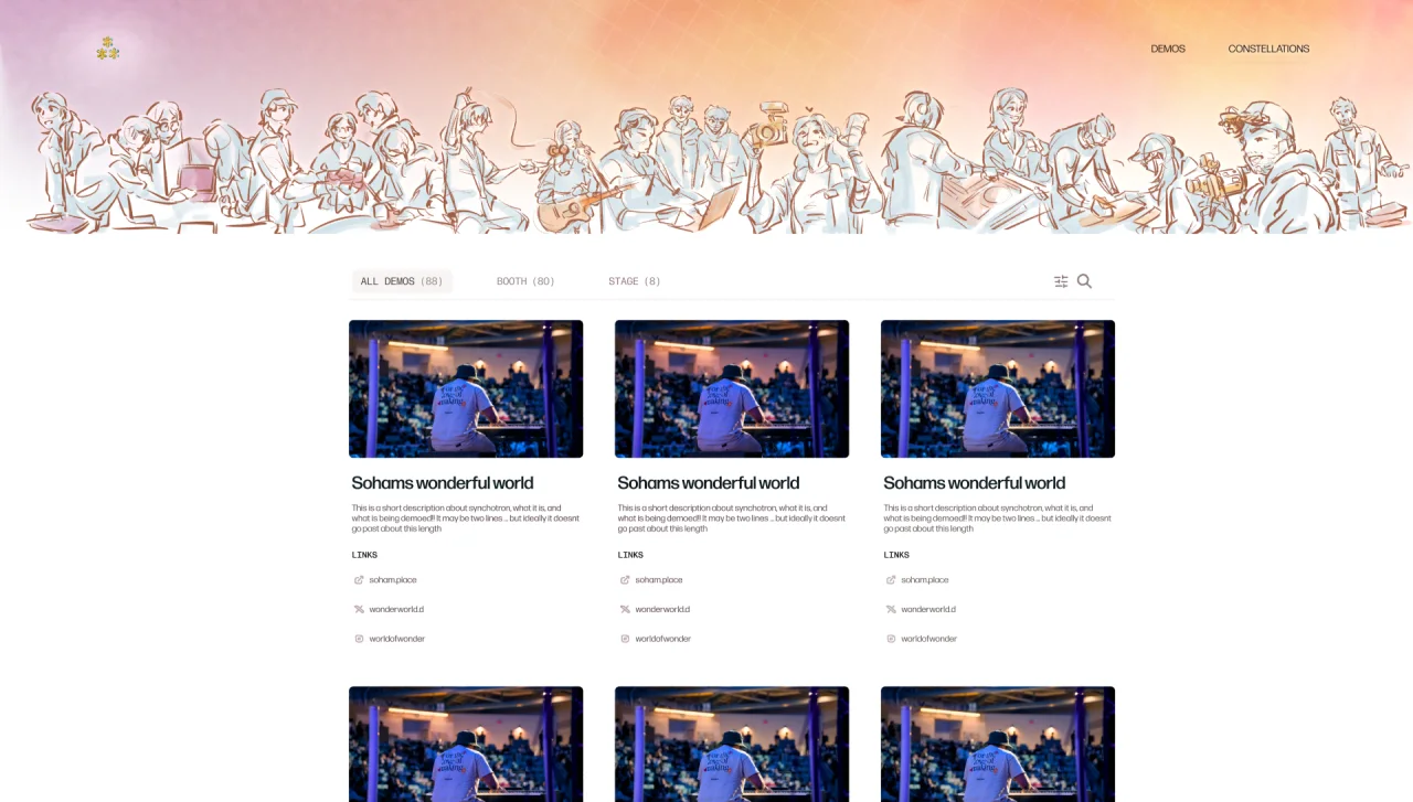 A demos site: a hand-drawn crowd of makers with guitars, cameras and laptops above a grid of demos, each with a photo, a title, a short line and links