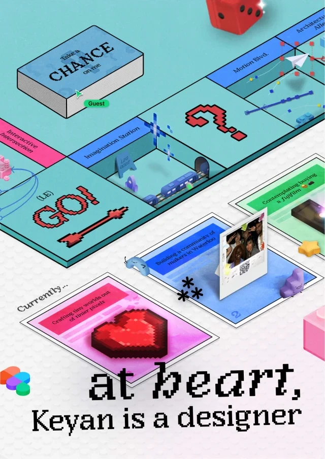 A board game in bricks: take a chance, go, a pixel heart, and the words at heart, Keyan is a designer