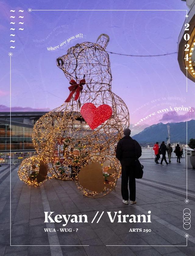 A magazine cover: a bear of lights by the water at dusk, Keyan // Virani