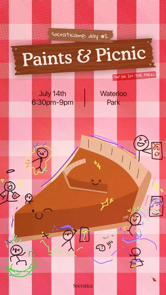 Paints and Picnic, July 18th at Waterloo Park: a slice of pie on a red gingham cloth