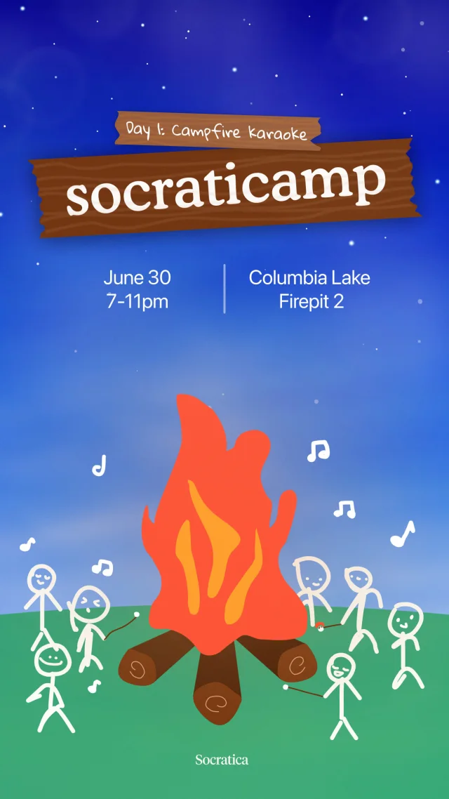 Socraticamp, June 30 at Columbia Lake: friends dance round a campfire