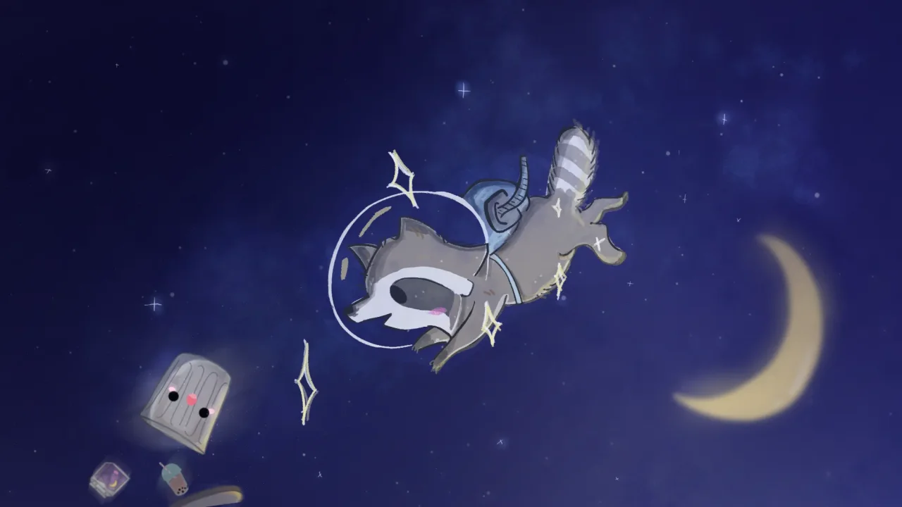 A raccoon in a space helmet swims through a starry night past a crescent moon, a smiling trash can and a cup of boba floating after it