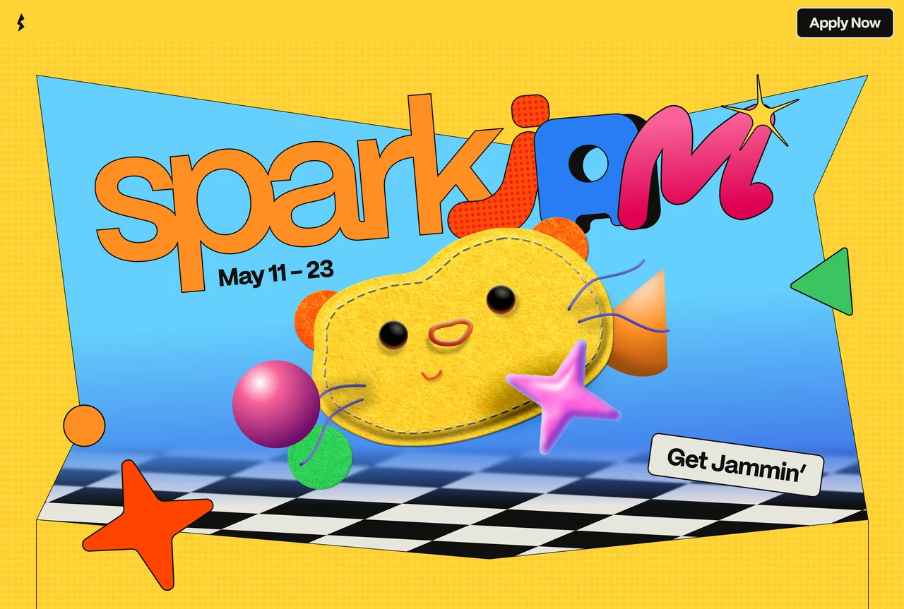 The Spark Jam landing page: sparkjam in orange, blue and pink letters over a felt creature with whiskers on a checkered floor, May 11 to 23, Get Jammin’ and Apply Now