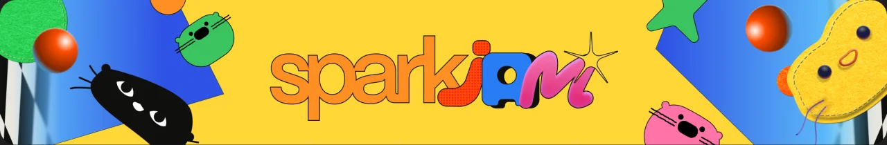 A Spark Jam banner: the wordmark on yellow between felt creatures and shapes