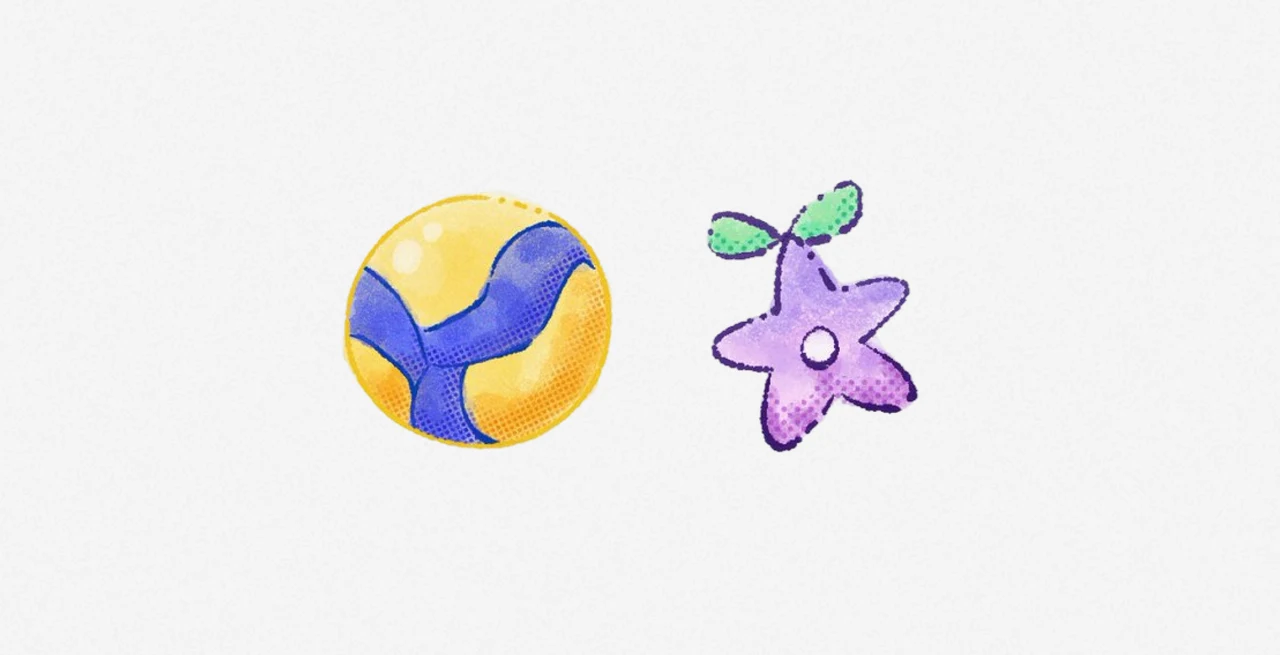 Two hand-drawn stickers on a pale grey ground: a yellow ball wrapped in a blue ribbon, and a purple star with a white centre sprouting two green leaves